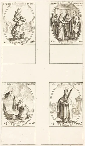 St. Agnes; The Marriage of the Virgin; St. Ildefonsus; St. Timothy by Jacques Callot, print, 1627-1637