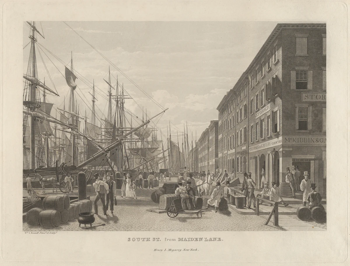 South Street from Maiden Lane, New York, in 1828 by William James Bennett, print, 1834