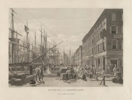 South Street from Maiden Lane, New York, in 1828 by William James Bennett, print, 1834