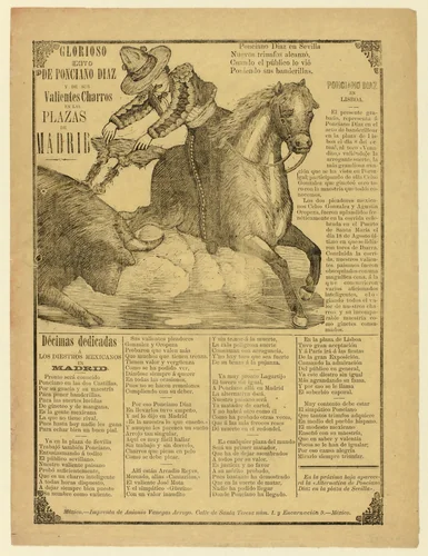 Glorious Success of Ponciano Díaz and His Brave Charros in the Bull Rings of Madrid by Manuel Manilla, print, 1889