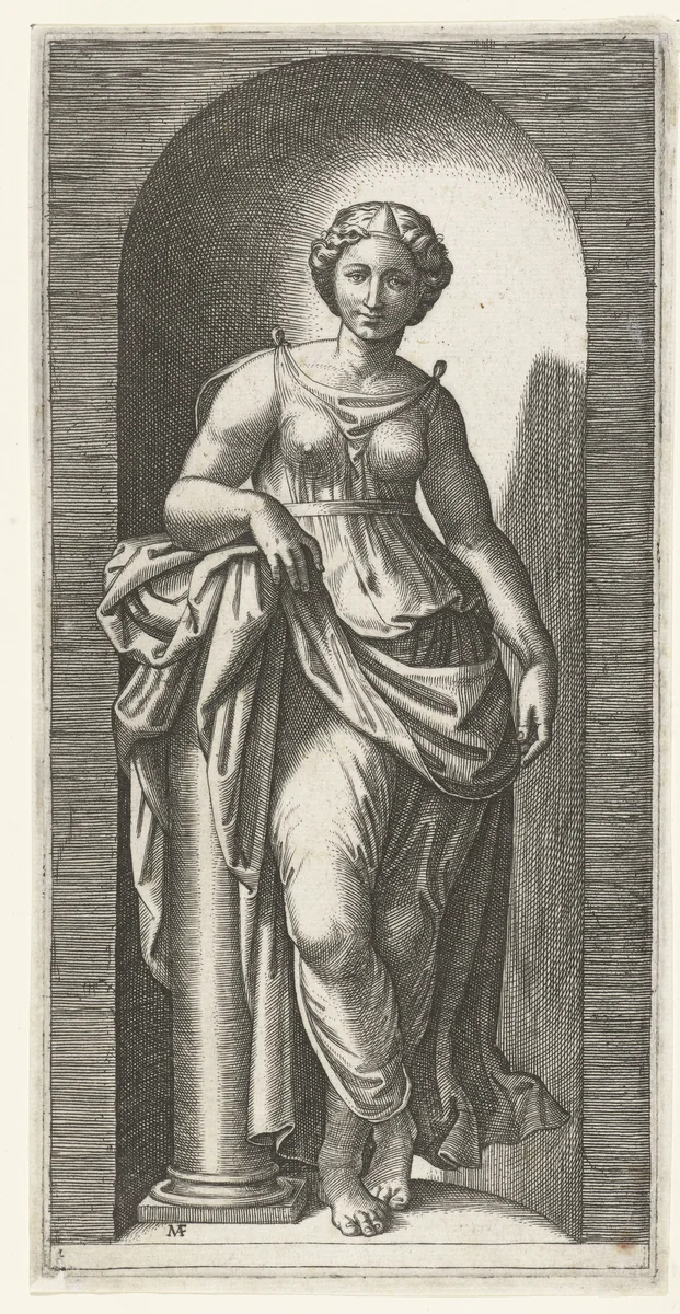Vrouw als personificatie van Kracht (Fortitudo) leunend op zuil staand in nis by Unknown, print, 1510-1527