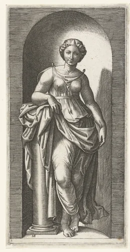 Vrouw als personificatie van Kracht (Fortitudo) leunend op zuil staand in nis by Unknown, print, 1510-1527
