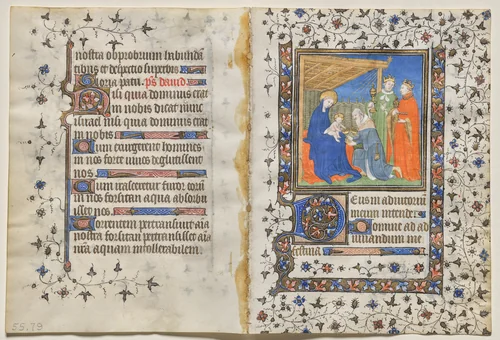 Bifolio from a Book of Hours: Adoration of the Magi (recto) by Boucicaut Master, manuscript, 1410-1420