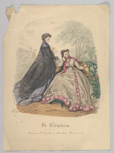 Two Women Outdoors, No. 720, from La Elegancia (Barcelona) by Hélöise Leloir, print, 1820-1873