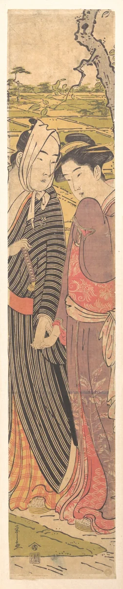 A Man and a Girl Walking in the Rice Fields by Chōbunsai Eishi (鳥文斎栄之), print, 1770-1790