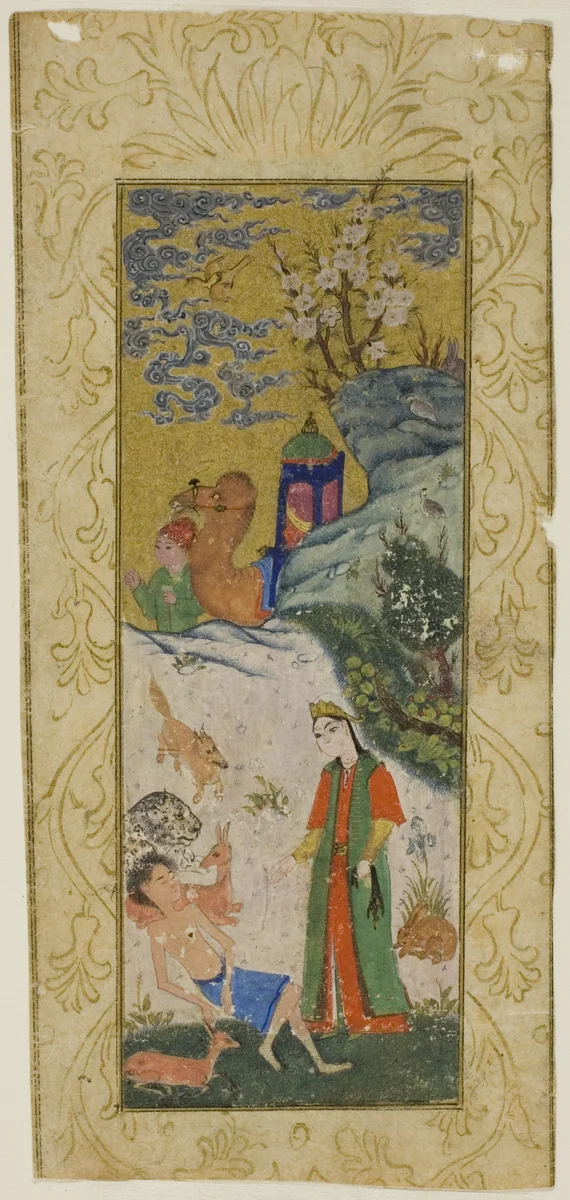 Layla Visiting Majnun in the Desert, page from a copy of the Khamsa of Nizami by Iran, painting, 1501-1600