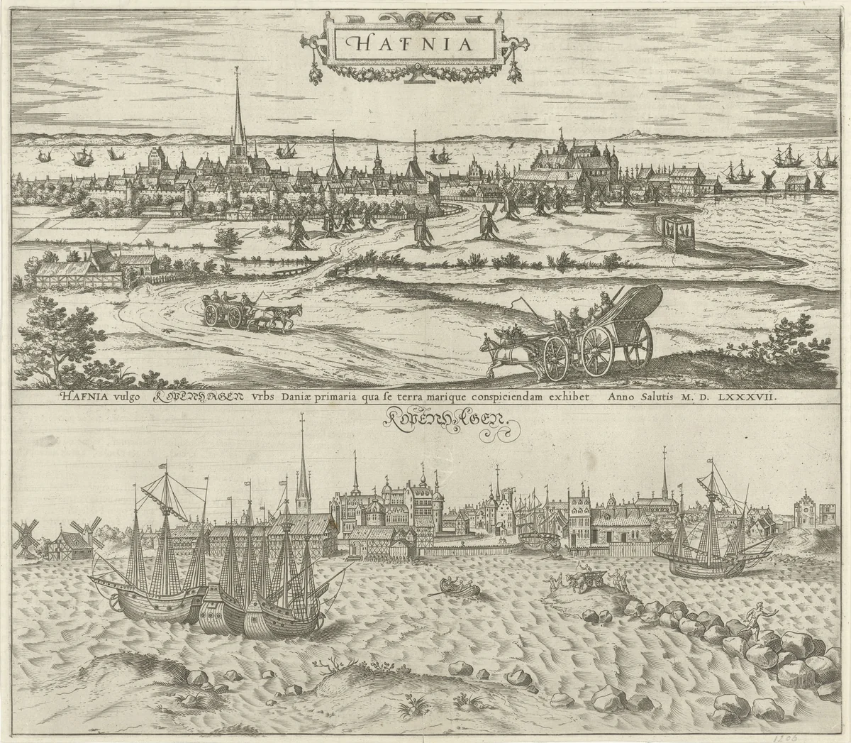 Gezicht op Kopenhagen, landzijde en zeezijde by Frans Hogenberg, print, 1588