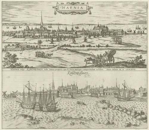 Gezicht op Kopenhagen, landzijde en zeezijde by Frans Hogenberg, print, 1588