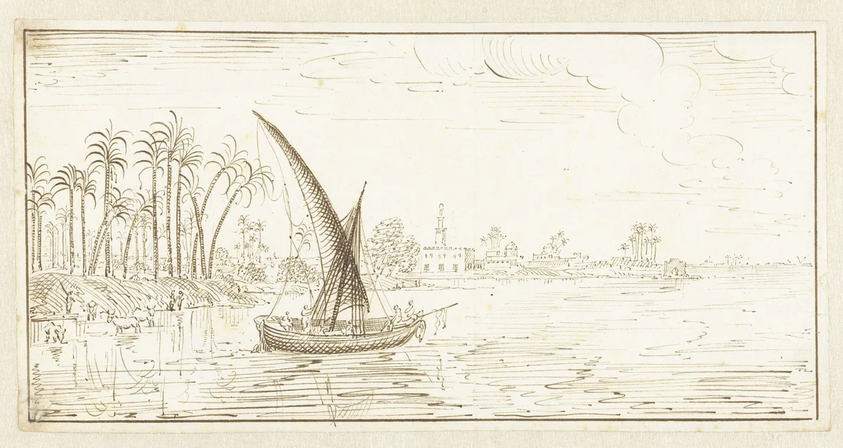 Rivierlandschap met een boot op de Nijl by Johan Teyler, drawing, 1679-1683