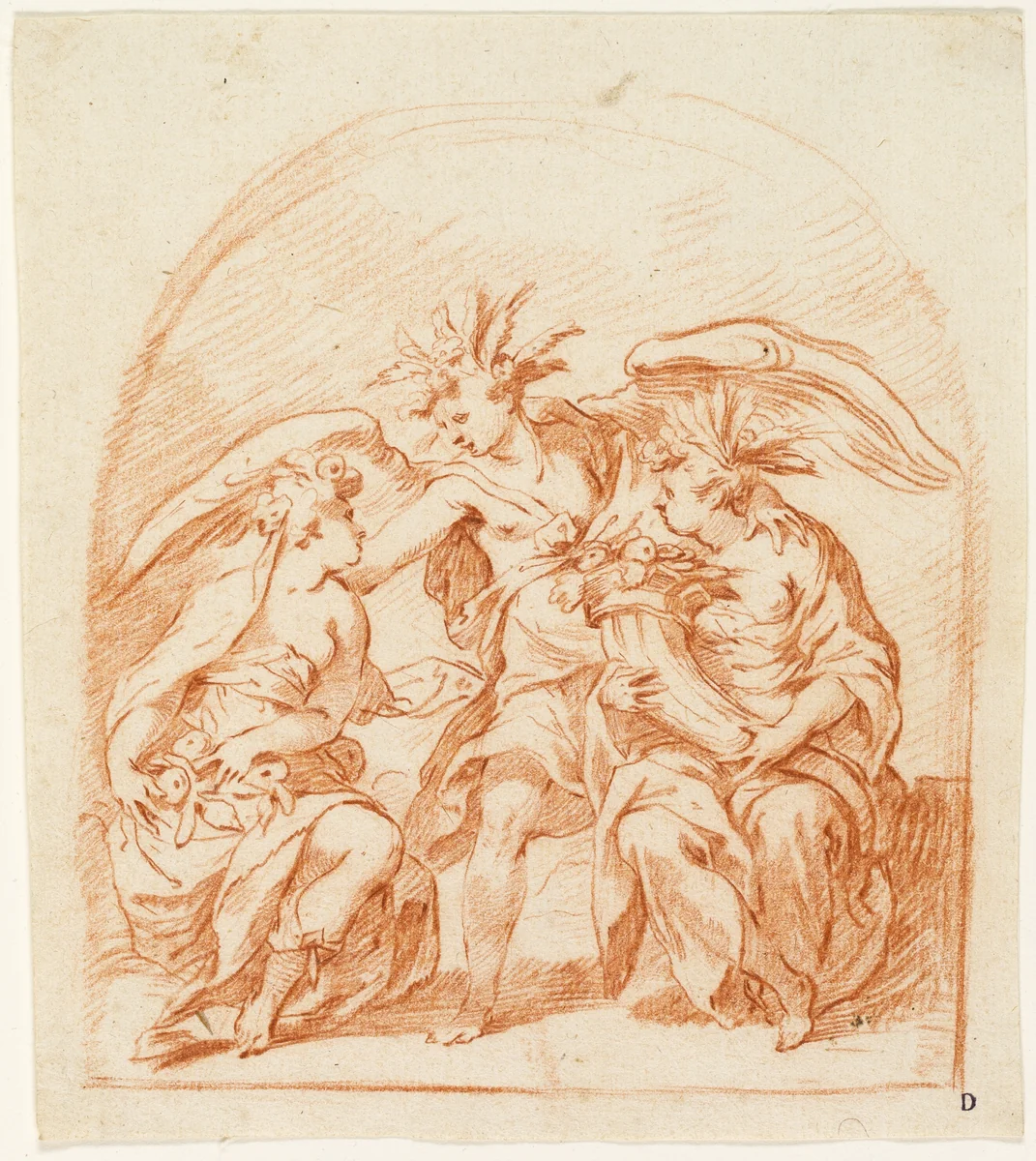 Allegorical Figure of Summer Flanked by Pomona and Ceres by Pierre Brébiette, drawing, 1625-1635