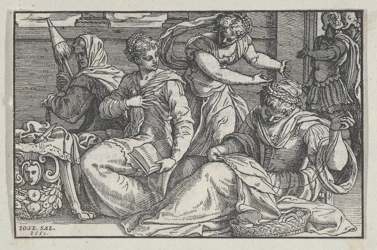 Lucretia instructing her daughters in needlework from Giovanni Ostaus's, La vera perfettione del disegno di varie sorte di recami (Venice, 1557) by Giuseppe Salviati, print, 1557