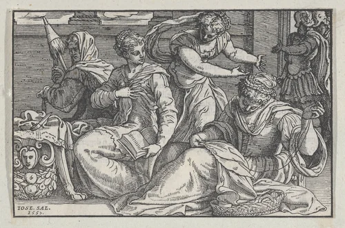 Lucretia instructing her daughters in needlework from Giovanni Ostaus's, La vera perfettione del disegno di varie sorte di recami (Venice, 1557) by Giuseppe Salviati, print, 1557