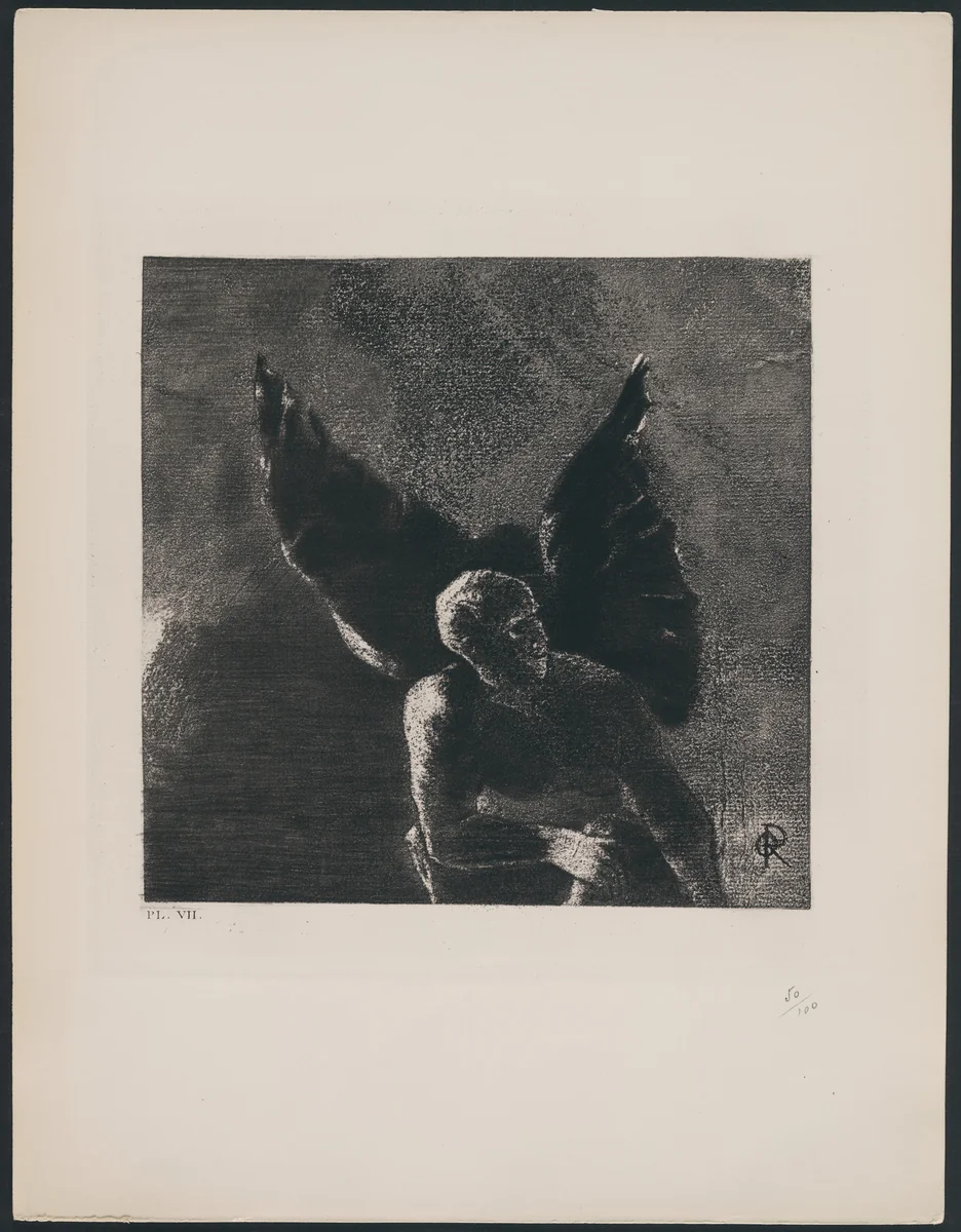 Glory and Praise to You, Satan, in the Heights of Heaven, Where You Reigned, and in the Depths of Hell, Where, Vanquished, You Dream in Silence! (Gloire et louange à toi, Satan, dans les hauteurs du ciel où tu régnas, et dans les profondeurs de l'enfer, où vaincu, tu rêves en silence!) from The Flowers of Evil (Les Fleurs du mal) by Odilon Redon, print, 1890