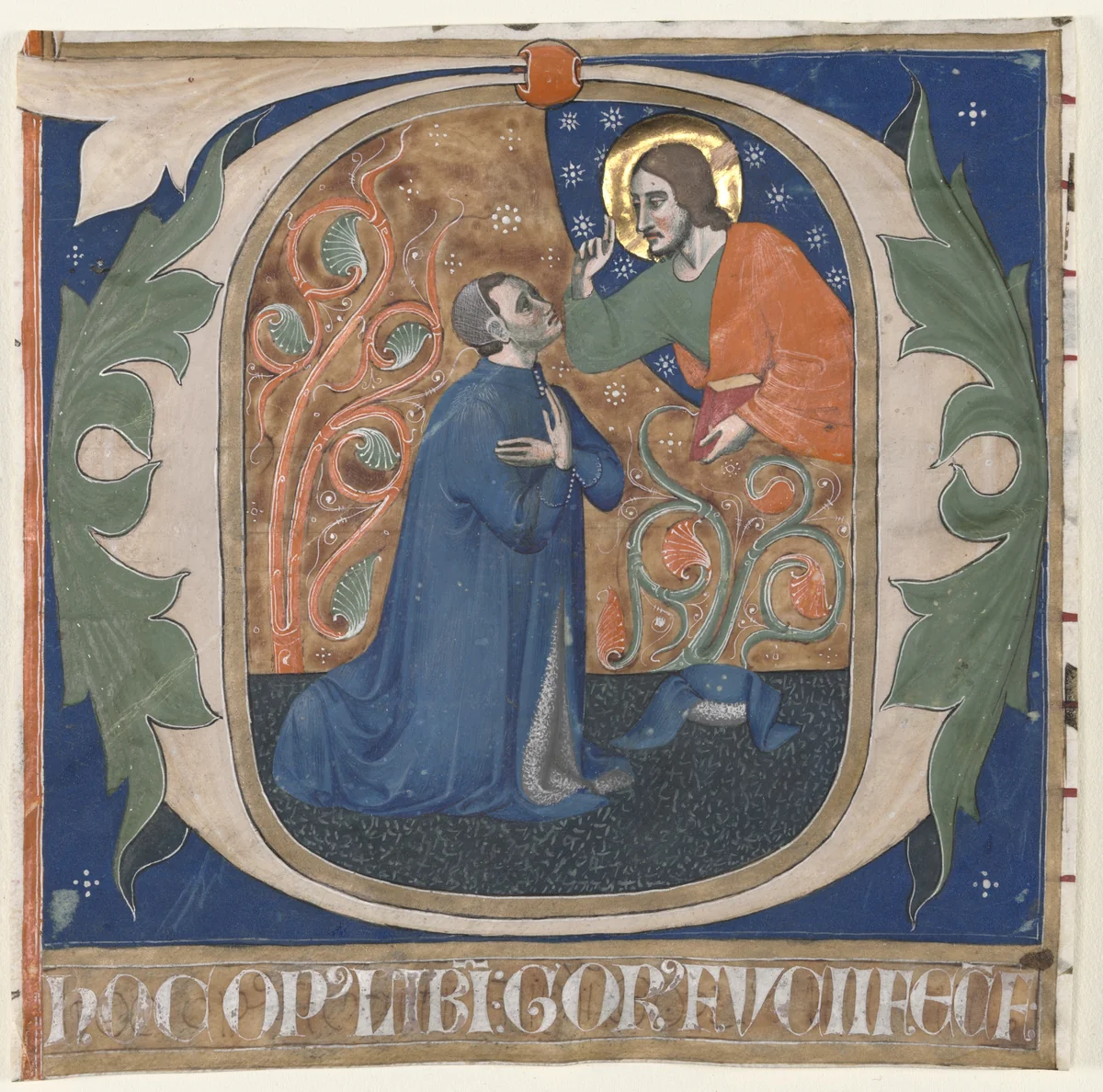 Historiated Initial (O) Excised from an Antiphonary: The Donor, Gorus Fucci, Kneels before Christ by Unknown, manuscript, 1295-1355