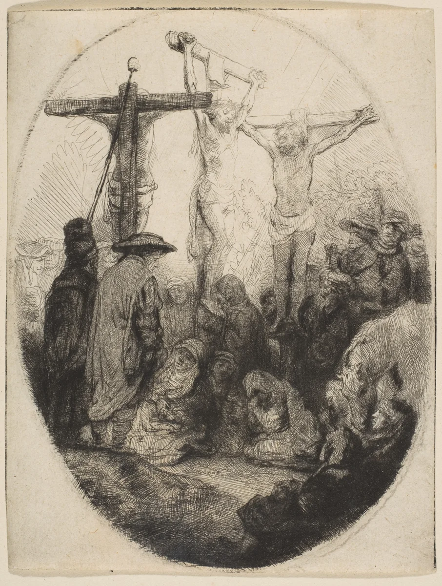 Christ Crucified Between Two Thieves; oval plate by Rembrandt van Rijn, print, 1636-1646