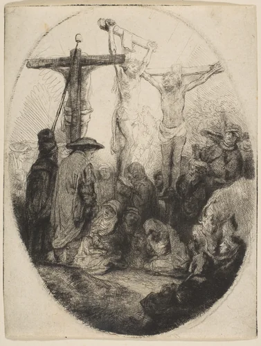 Christ Crucified Between Two Thieves; oval plate by Rembrandt van Rijn, print, 1636-1646