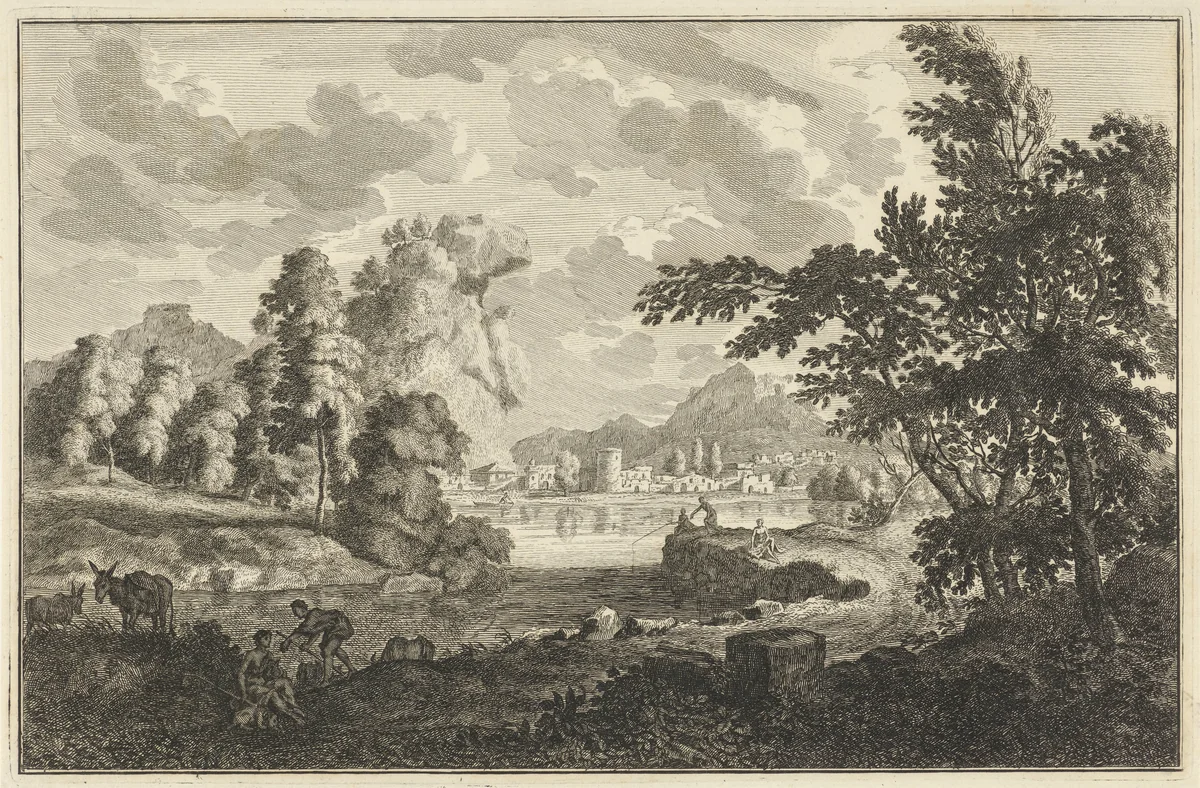 Arcadisch rivierlandschap met vissers, herders en ezels by Adolf van der Laan, print, 1710-1747