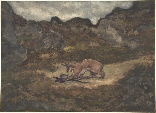 Caracal and Pheasant by Antoine-Louis Barye, drawing, 1810-1875