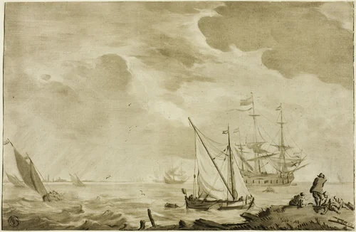 Seascape by Jacob Cornelis Ploos van Amstel, drawing, 1746-1798