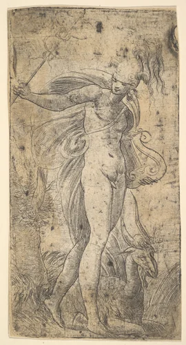 Mercury standing holding a cadecus in his right hand, a lyre in his left by Andrea Schiavone, print, 1531-1541