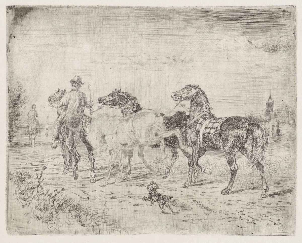 Ruiters met paarden by Cornelis Albertus Johannes Schermer, print, 1839-1915