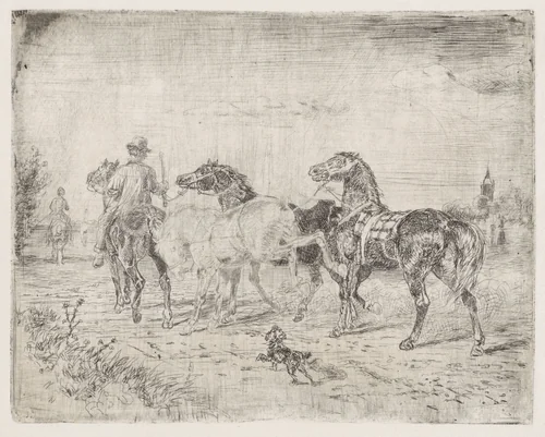 Ruiters met paarden by Cornelis Albertus Johannes Schermer, print, 1839-1915