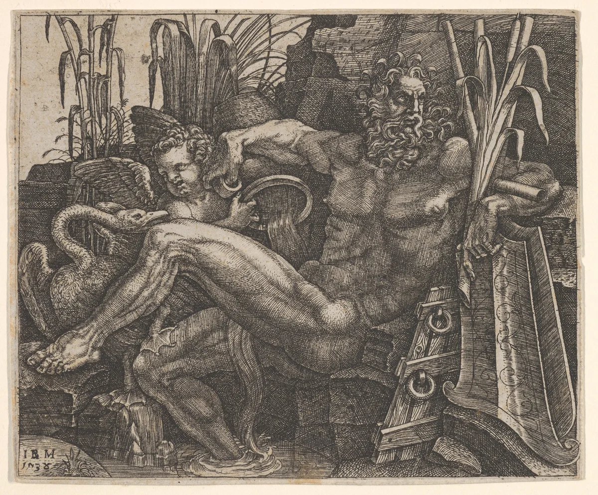 River God Po reclining on a rocky bank, a winged putto and long-necked water bird stand behind his legs by Giovanni Battista Scultori, print, 1538