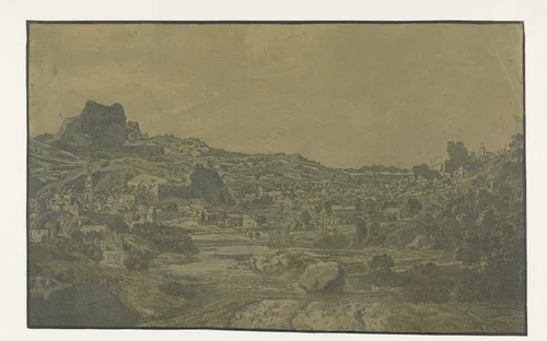 Vallei met een rivier en een stad met vier torens by Hercules Segers, print, 1626-1627