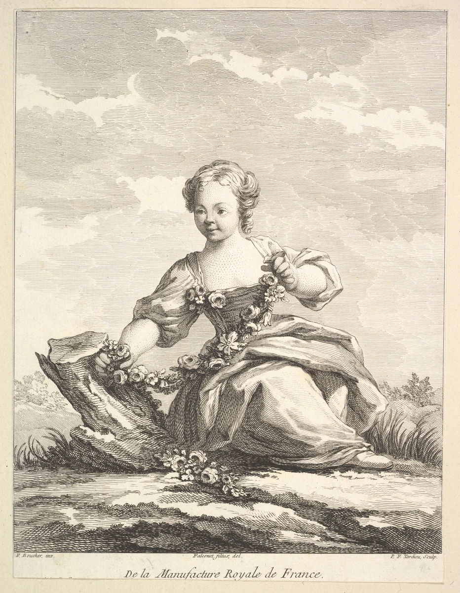 Little girl holding a garland of flowers, from Deuxième Livre de Figures d'après les porcelaines de la Manufacture Royale de France (Second Book of Figures after porcelains from the Manufacture Royale de France) by Pierre François Tardieu, print, 1757-1771