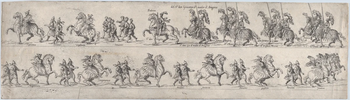 Plate for Giovanni d'avalos d'Aragona, from a series of twelve showing knights and their attendants dressed for a tournament (plate 2) by anonymous, print, 1565
