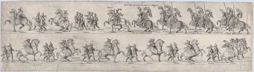 Plate for Giovanni d'avalos d'Aragona, from a series of twelve showing knights and their attendants dressed for a tournament (plate 2) by anonymous, print, 1565