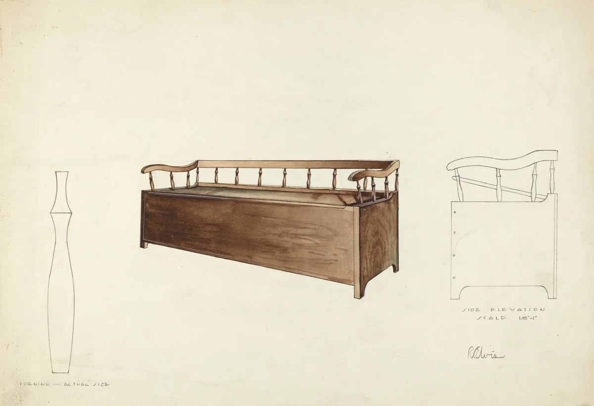 Spindle Settee Chest by Roberta Elvis, index of american design, 1935-1942