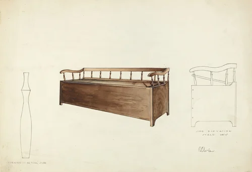 Spindle Settee Chest by Roberta Elvis, index of american design, 1935-1942