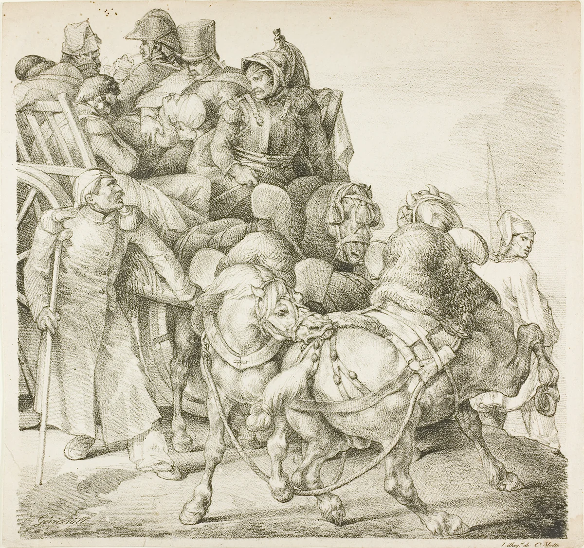 Wagon Laden with Wounded Soldiers by Jean Louis André Théodore Géricault, print, 1818