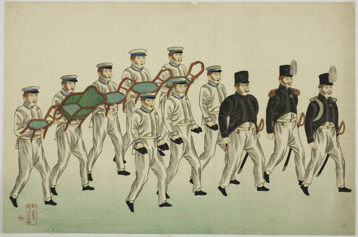 Procession of Russian Officers and Soldiers with Gifts, from the Album of seven prints of Russian Army and Warship (Roshia seigi shashin kan) by Kawahara Keiga, print, 1853