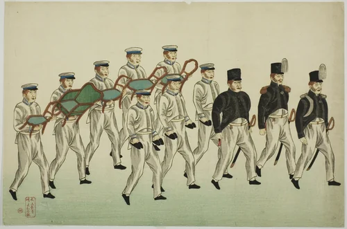 Procession of Russian Officers and Soldiers with Gifts, from the Album of seven prints of Russian Army and Warship (Roshia seigi shashin kan) by Kawahara Keiga, print, 1853