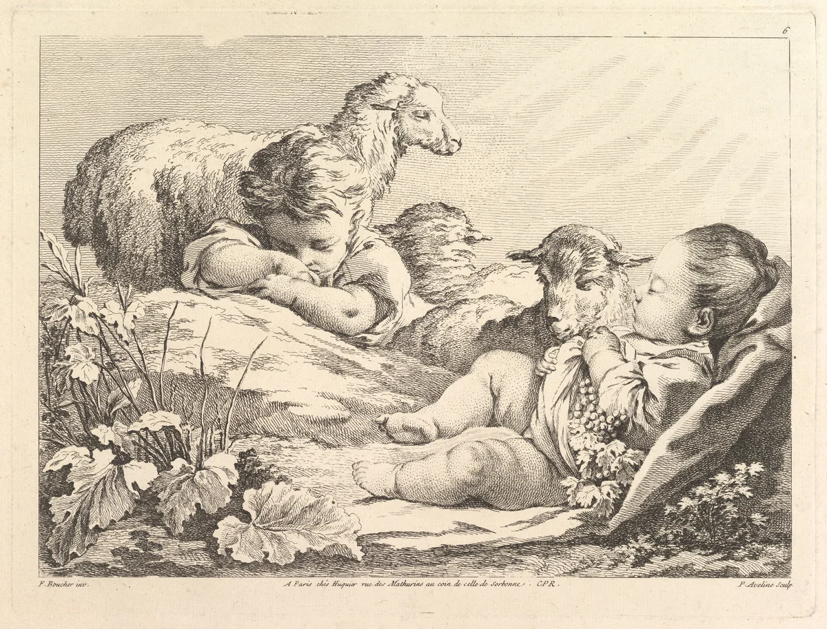 Two Sleeping Children With Three Sheep by Pierre Alexandre Aveline, print, 1730-1760