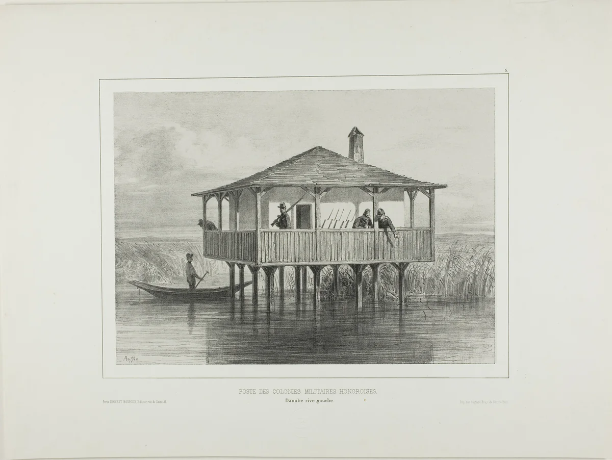 Hungarian Military Colony Post, Left Bank of the Danube River by Denis Auguste Marie Raffet, print, 1838