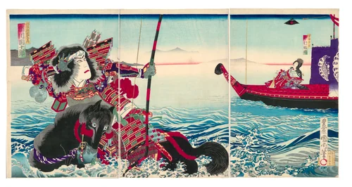 Actors Ichikawa Danjuro IX as Nasu no Yoichi Munetaka and Nakamura Fukusuke IV as Tamamushi Gozen by Toyohara Kunichika, print, 1885