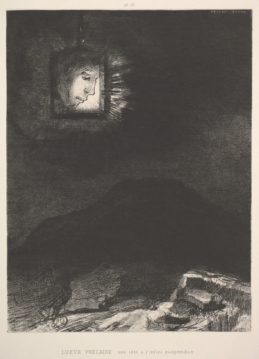 The vague glimmer of a head suspended in space by Odilon Redon, print, 1891