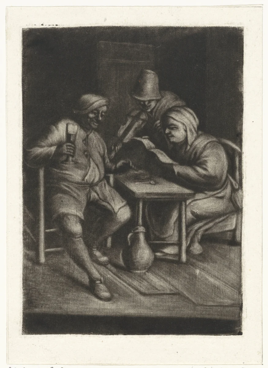 Vioolspeler bij een paar aan tafel by Jacob Hoolaart, print, 1723-1789