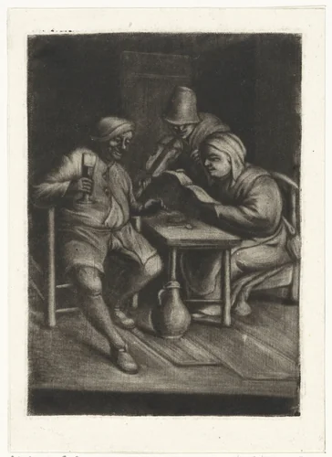 Vioolspeler bij een paar aan tafel by Jacob Hoolaart, print, 1723-1789