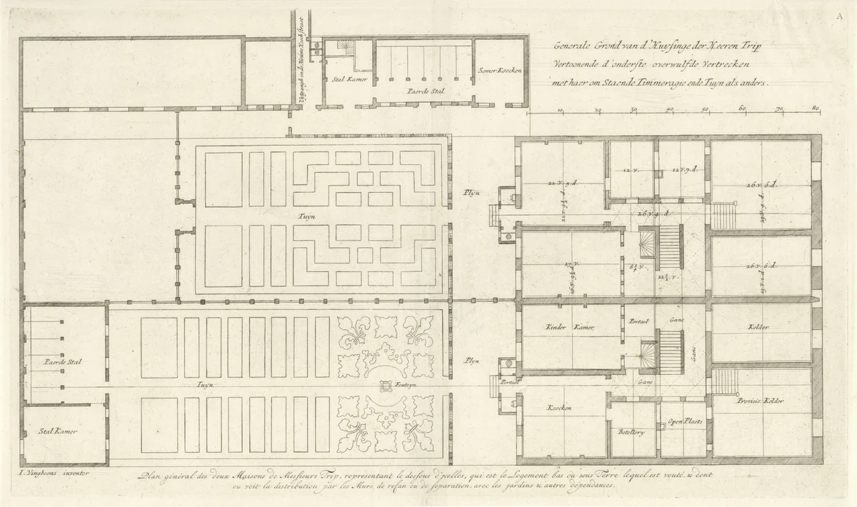 Plattegrond van de begane grond van het Trippenhuis en de tuinen te Amsterdam by Johannes Vinckboons, print, 1664