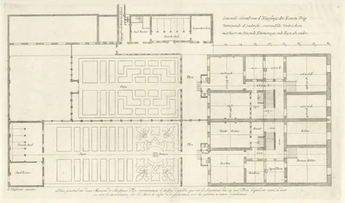 Plattegrond van de begane grond van het Trippenhuis en de tuinen te Amsterdam by Johannes Vinckboons, print, 1664