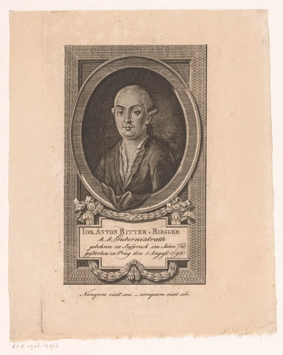 Portret van Joseph Anton Stephan Riegger by Peter Mayr, print, 1778