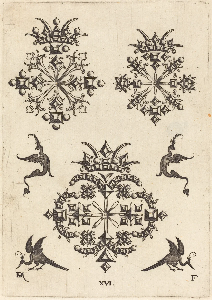 Three Brooches with Fantasy Birds at Left, Right, and Bottom by Daniel Mignot, print, 1596