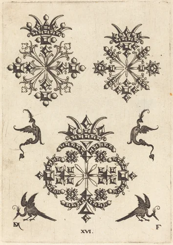 Three Brooches with Fantasy Birds at Left, Right, and Bottom by Daniel Mignot, print, 1596