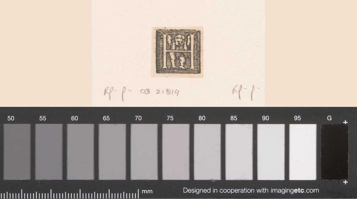 Letter H: putto by anonymous, print, 1556