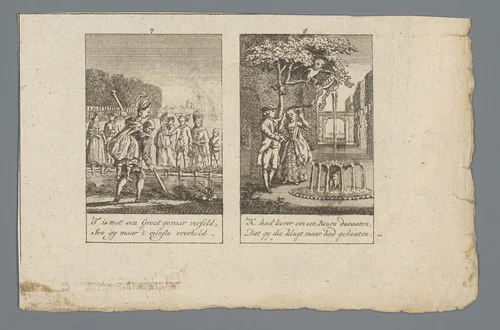 Modieus koppel met polsstok voor een sloot en aap steelt hoofddeksel van een vrouw by anonymous, print, 1750-1800