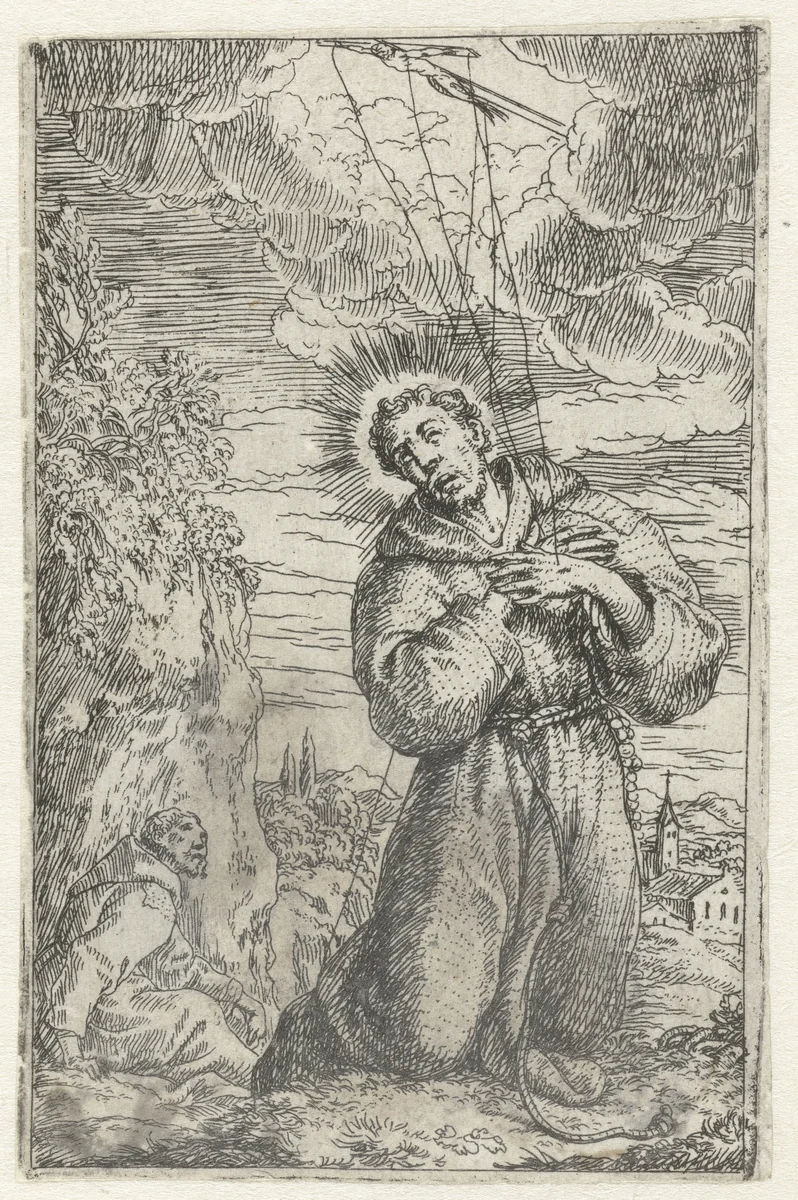 Stigmatisatie van heilige Franciscus by Jonas Umbach, print, 1634-1693